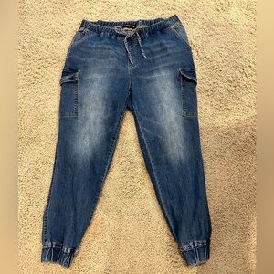 Jean joggers. So cute! I’m 5’2” and the length was just fine.